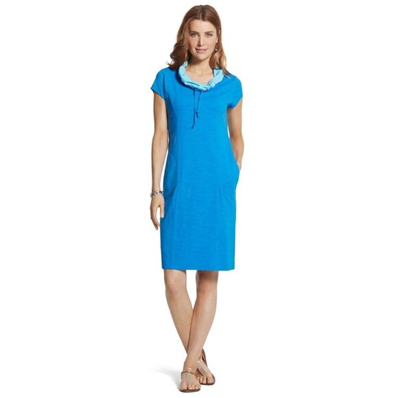 Chico's Size 2 = Large/12 ZENERGY BLUE COLORBLOCK‎ SHIFT DRESS W/POCKETS Summer - Picture 1 of 10